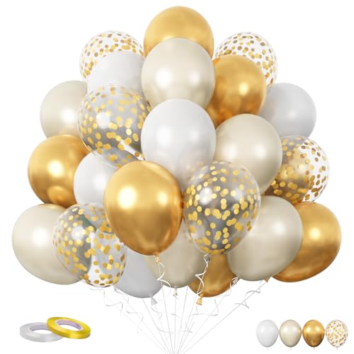 Funhot Gold und Weiß Luftballons, 60 Stück Weiß Gold Ballons, 12 Zoll Perlweiß Sand Weiß Metallic Gold Konfetti Latex Luftballons für Babyparty Hochzeit Jahrestag Geburtstag Party Deko von FunHot