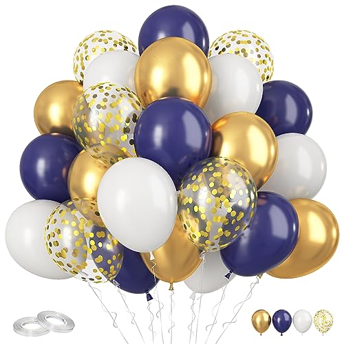Funhot Luftballons Blau, 60 Stück Gold Blaue Ballons, 12 Zoll Marineblaue Weiße Latexballons Metallic Goldene Konfetti Ballons für Jungen Geburtstags Baby Shower Hochzeits Abschlussfeier Party Deko von FunHot