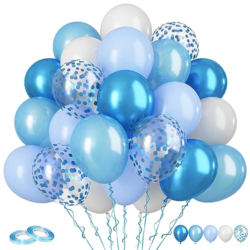 Funhot Luftballons Blau Weiße, 60 Stück Weiße Baby Blau Ballons, 12 Zoll Metallic Blaue Konfetti Ballons Helium Weiss Latexballons für Jungen Geburtstags Baby Shower Tauf Hochzeits Party Deko von FunHot