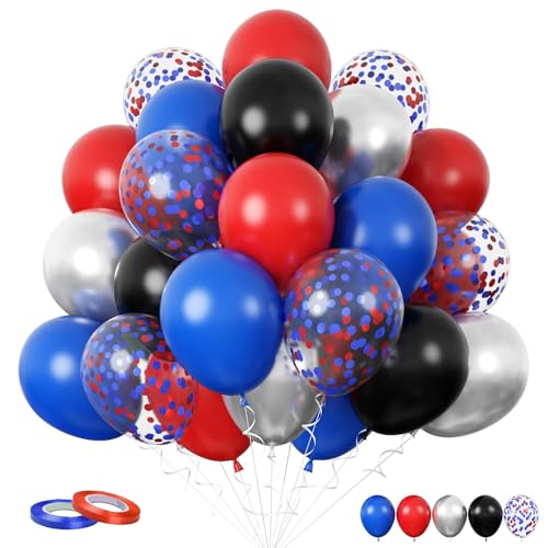 Funhot Rote und Blaue Luftballons, 60 Stück Rot Schwarz Blau Ballons, 12 Zoll Metallic Silber Blau Rot Konfetti Latex Luftballons für Abschlussfeier Jungen Geburtstag Superhelden Spinnen Party Deko von FunHot