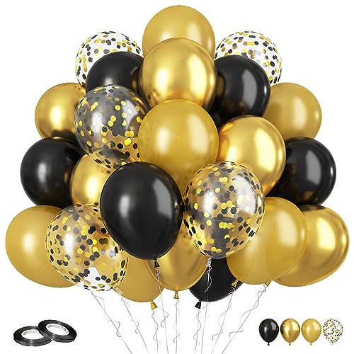 Funhot Schwarze Gold Luftballons, 60 Stück Metallic Gold Konfetti Ballons, 12 Zoll Schwarze Perlenlicht Gold Latexballons Helium für Geburtstags Baby Shower Hochzeits Abschlussfeier Party Deko von FunHot