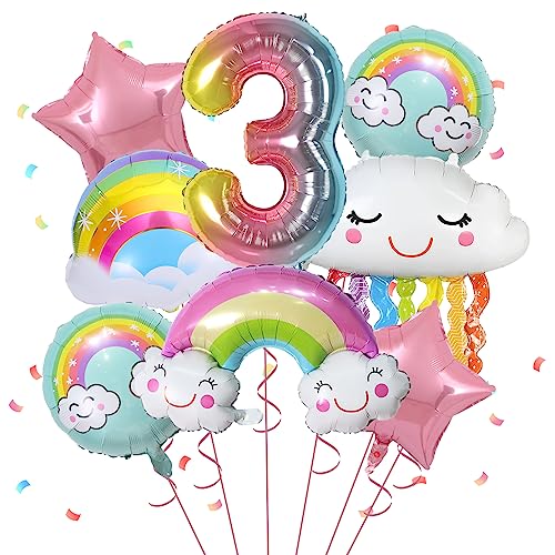 Geburtstagsdeko 3 Jahre Mädchen, 8 Stück Folienballons zum 3. Geburtstag für Mädchen, mit Regenbogen-Rosa-Stern-Pastell-Rundballons, Nummer 3 für Mädchen-Geburtstagsparty, Babyparty-Zubehör von FunHot