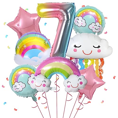 Geburtstagsdeko Mädchen 7 Jahre, 8 Stück Folienballons zum 7. Geburtstag für Mädchen, mit Regenbogen-Rosa-Stern-Pastell-Rundballons, Nummer 7 für Mädchen-Geburtstagsparty, Babyparty-Zubehör von FunHot
