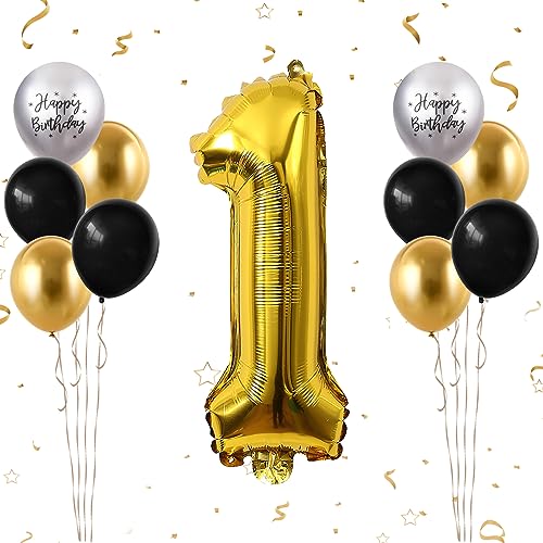 Luftballon 1. Geburtstag, 40 Zoll Gold Zahl 1 Luftballon, 11 Stück Happy Birthday Latexballons Schwarz Gold Groß Nummer 1 Folienballon für Jungen Mädchen Babydusche 1. Geburtstag Party Deko von FunHot