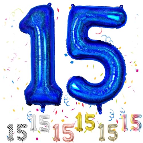 Luftballon 15 Geburtstag, 40" Blau Zahlen Luftballon, Laser Blau Folienballon 15, Geburtstag Zahlen Luftballon 15 jahre für Junge Mädchen Babyparty Geburtstagsdeko Jubiläumsparty Dekoration von FunHot