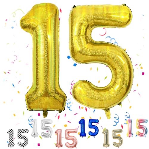 Luftballon 15 Geburtstag, 40" Gold Zahlen Luftballon, Laser Gold Folienballon 15, Geburtstag Zahlen Luftballon 15 jahre für Junge Mädchen Babyparty Geburtstagsdeko Jubiläumsparty Dekoration von FunHot
