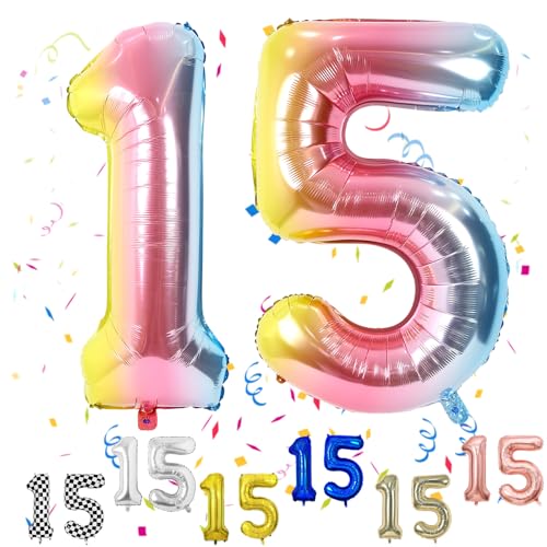 Luftballon 15 Geburtstag, 40" Regenbogen Zahlen Luftballon, Bunt Gradient Folienballon 15, Farbverlauf Geburtstag Zahlen Luftballon 15 jahre für Babyparty Geburtstagsdeko Jubiläumsparty Dekoration von FunHot