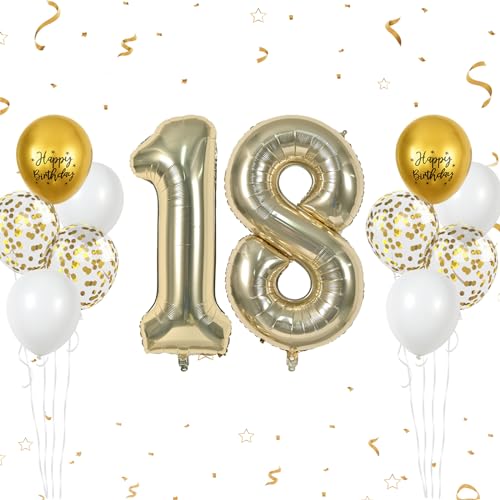 Luftballon 18. Geburtstag, 40 Zoll Champagner Gold Zahl 18 Luftballon, 12 Stück Birthday Latexballons Gold Konfetti Weiß Nummer 18 Hell Gold Folienballon für Männer Frauen 18. Geburtstag Party Deko von FunHot