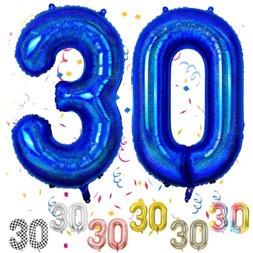 Luftballon 30 Geburtstag, 40" Blau Zahlen Luftballon, Laser Blau Folienballon 30, Geburtstag Zahlen Luftballon 30 jahre für Junge Mädchen Babyparty Geburtstagsdeko Jubiläumsparty Dekoration von FunHot