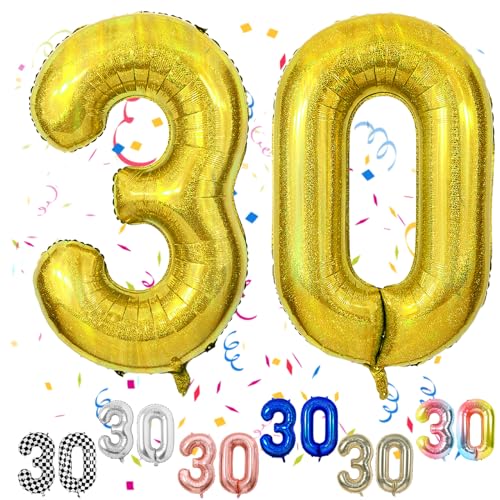 Luftballon 30 Geburtstag, 40" Gold Zahlen Luftballon, Laser Gold Folienballon 30, Geburtstag Zahlen Luftballon 30 jahre für Junge Mädchen Babyparty Geburtstagsdeko Jubiläumsparty Dekoration von FunHot
