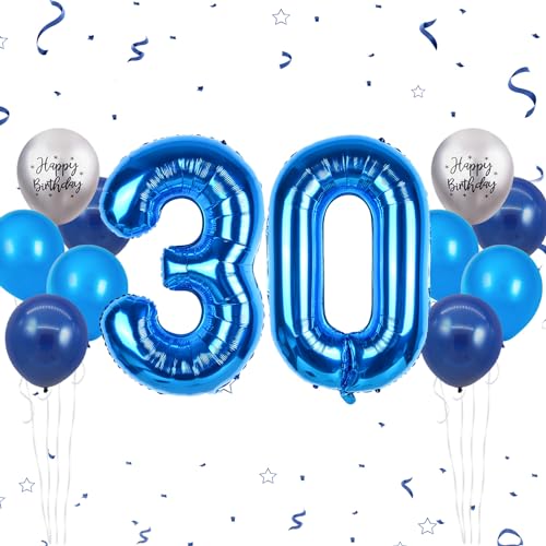 Luftballon 30. Geburtstag, 40 Zoll Blaue Zahl 30 Luftballon, 12 Stück Happy Birthday Latexballons Blau Groß Nummer 30 Folienballon für Jungen Männer Ihn Jubiläum 30. Geburtstag Party Deko von FunHot