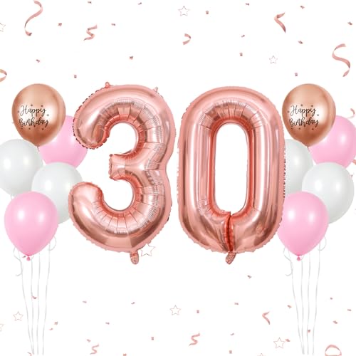 Luftballon 30. Geburtstag, 40 Zoll Roségold Zahl 30 Luftballon, 12 Stück Happy Birthday Latexballons Rosa Weiß Groß Nummer 30 Folienballon für Frauen Jubiläum 30. Geburtstag Party Deko von FunHot