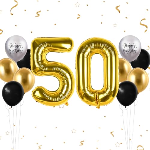Luftballon 50. Geburtstag, 40 Zoll Gold Zahl 50 Luftballon, 12 Stück Happy Birthday Latexballons Schwarz Gold Groß Nummer 50 Folienballon für Männer Frauen Jubiläum 50. Geburtstag Party Deko von FunHot