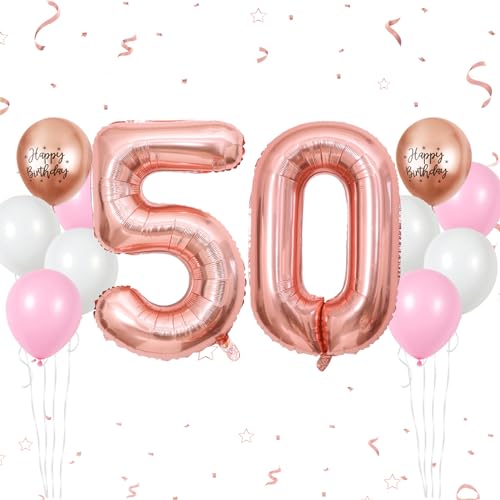 Luftballon 50. Geburtstag, 40 Zoll Roségold Zahl 50 Luftballon, 12 Stück Happy Birthday Latexballons Rosa Weiß Groß Nummer 50 Folienballon für Frauen Jubiläum 50. Geburtstag Party Deko von FunHot