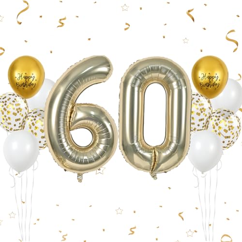 Luftballon 60. Geburtstag, 40 Zoll Champagner Gold Zahl 60 Luftballon, 12 Stück Birthday Latexballons Gold Konfetti Weiß Nummer 60 Hell Gold Folienballon für Männer Frauen 60. Geburtstag Party Deko von FunHot