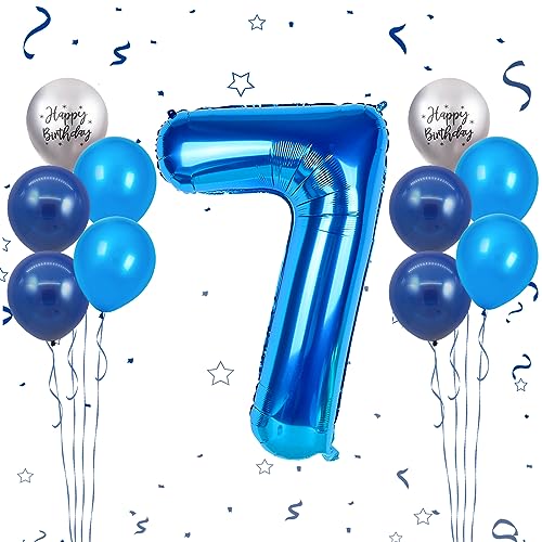 Luftballon 7. Geburtstag, 40 Zoll Blaue Zahl 7 Luftballon, 11 Stück Happy Birthday Latexballons Blau Groß Nummer 7 Folienballon für Jungen Mädchen Jubiläum 7. Geburtstag Party Deko von FunHot