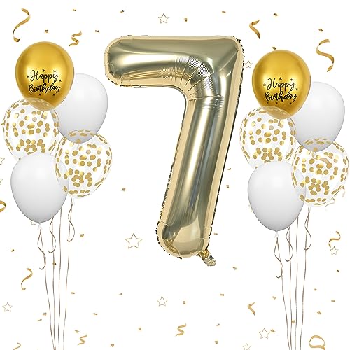 Luftballon 7. Geburtstag, 40 Zoll Champagner Gold Zahl 7 Luftballon, 11 Stück Birthday Latexballons Gold Konfetti Weiß Nummer 7 Hell Gold Folienballon für Mädchen Jubiläum 7. Geburtstag Party Deko von FunHot