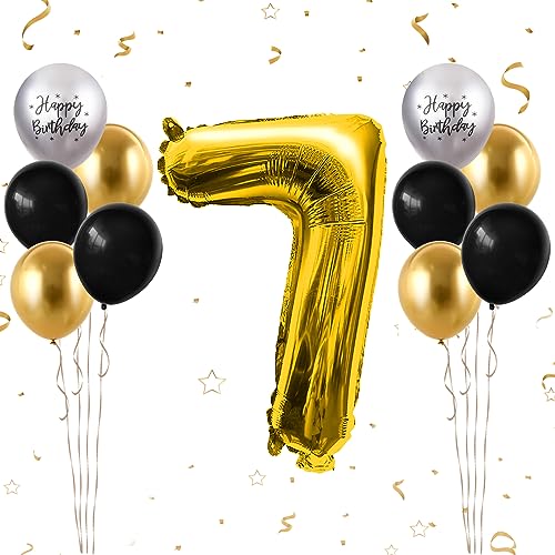 Luftballon 7. Geburtstag, 40 Zoll Gold Zahl 7 Luftballon, 11 Stück Happy Birthday Latexballons Schwarz Gold Groß Nummer 7 Folienballon für Jungen Mädchen Jubiläum 7. Geburtstag Party Deko von FunHot