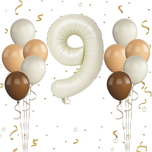 Luftballon 9. Geburtstag, 40 Zoll Cremeweiß Zahl 9 Luftballon, 11 Stück Happy Birthday Latexballons Aprikose Braun Ballons Nummer 9 Folienballon für Jungen Mädchen Jubiläum 9. Geburtstag Party Deko von FunHot