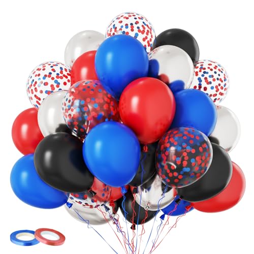 Luftballons Rot Blau Schwarze, 60 Stück Rote und Blaue Partyballons, 12 Zoll Metallic Silber Schwarz Rote Blauen Konfetti Ballons für Jungen Geburtstag Abschlussfeier Superhelden Spinnen Party Deko von FunHot