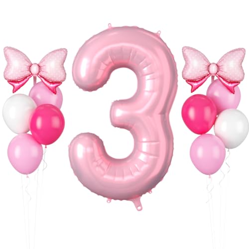 Luftballon 3 Geburtstag, 40 Zoll Hell Pink Folienballon 3, 11 Stück Pastell Rosa Weiß Latexballons Heißes Rosa Schleife Folienballon Groß Rosa Zahl 3 Ballon für Baby Mädchen 3 Geburtstag Party Deko von FunHot