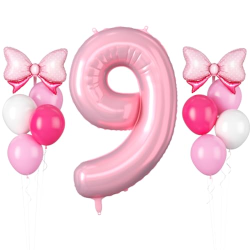 Luftballon 9 Geburtstag, 40 Zoll Hell Pink Folienballon 9, 11 Stück Pastell Rosa Weiß Latexballons Heißes Rosa Schleife Folienballon Groß Rosa Zahl 9 Ballon für Mädchen 9 Geburtstag Party Deko von FunHot