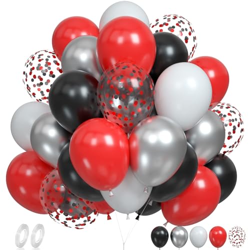 Rot Schwarz Weiß Luftballons, 60PCS 12 Zoll Rot Schwarz und Weiß mit Metallic Konfetti Konfetti Helium Latex Luftballons Set für Geburtstag Hochzeit Baby Dusche Graduation Party Dekorationen von FunHot