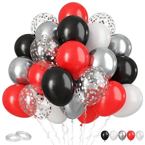 Rot Schwarze Luftballons, 60 Rote Schwarz Silber Luftballons, 12 Zoll Metallic Silber Konfetti Latexballons Rot Weiße Helium Luftballons für Geburtstag Hochzeit Baby Dusche Graduation Party Deko von FunHot