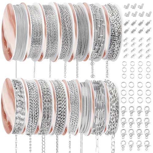 15 Rollen Edelstahl-Schmuckketten-Set, enthält 6 Kettenarten, Schraubverschlüsse, Biegeringe und Verbindungsstücke, DIY-Set für Ohrringe, Halsketten, Armbänder von Funabridge
