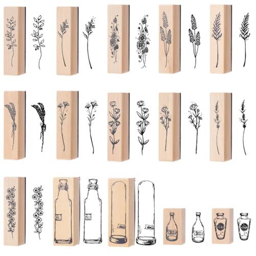 15 Stück Vintage Holz Gummistempel Pflanze & Blume Holzstempel für Scrapbooking, DIY Kartenherstellung und kreatives Basteln von Funabridge