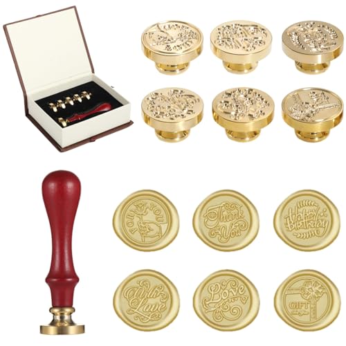 Wachssiegel-Set mit Holzgriff, 6 austauschbare Kupferstempel, inklusive Liebe, Dankeschön, Geburtstags-Designs, Geschenkbox mit Bändern zum Versiegeln von Einladungen Wachssiegel-Set mit Holzgriff, 6 austauschbare Kupferstempel, inklusive Liebe, Dankeschön, Geburtstags-Designs, Geschenkbox mit Bändern zum Versiegeln von Einladungen von Funabridge