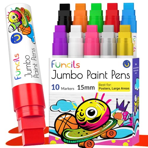 10 Farben Jumbo Acrylstifte Set, 15mm Acrylfarben Breit, 3-in-1 Jumbo Graffiti Stifte, acrylstifte für steine wasserfest, Lackstifte Fein zum Bemalen holz leinwand Glas Karton Körper Straßenkünstler von Funcils