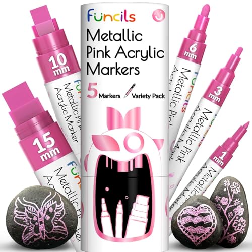 Funcils 5 Metallisch Acrylstifte für Steine, Glas, Holz, Leinwand - Rosa Acryl Marker 1mm, 3mm, 6mm, 10mm, 15mm Spitze. Die Rosastift Acryl Stifte sind ideal für Erwachsene und auch Kinder. von Funcils