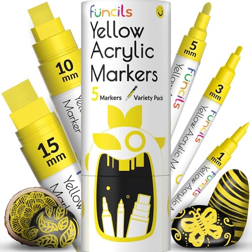 Funcils 5 Gelb Acrylstifte für Steine, Glas, Holz, Leinwand - Gelb Acryl Marker 1mm, 3mm, 6mm, 10mm, 15mm Spitze. Die Acryl Stifte sind ideal für Erwachsene und auch Kinder von Funcils