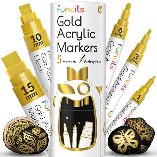Funcils 5 Acrylstifte für Steine, Glas, Holz, Leinwand - Gold Acryl Marker 1mm, 3mm, 6mm, 10mm, 15mm Spitze. Die Goldstift Acryl Stifte sind ideal für Erwachsene und auch Kinder. von Funcils
