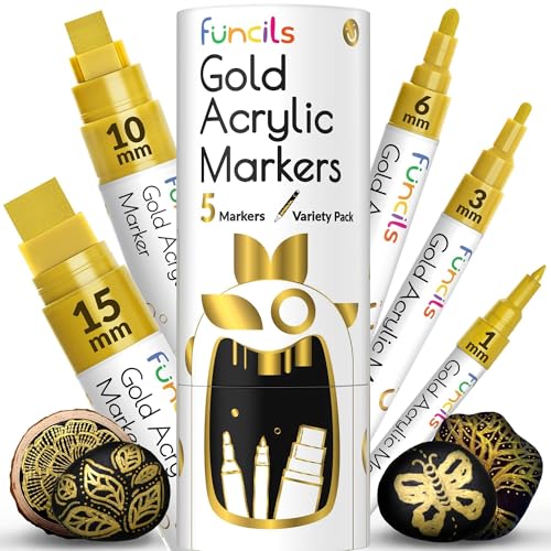 Funcils 5 Acrylstifte für Steine, Glas, Holz, Leinwand - Gold Acryl Marker 1mm, 3mm, 6mm, 10mm, 15mm Spitze. Die Goldstift Acryl Stifte sind ideal für Erwachsene und auch Kinder. Funcils 5 Acrylstifte für Steine, Glas, Holz, Leinwand - Gold Acryl Marker 1mm, 3mm, 6mm, 10mm, 15mm Spitze. Die Goldstift Acryl Stifte sind ideal für Erwachsene und auch Kinder. von Funcils
