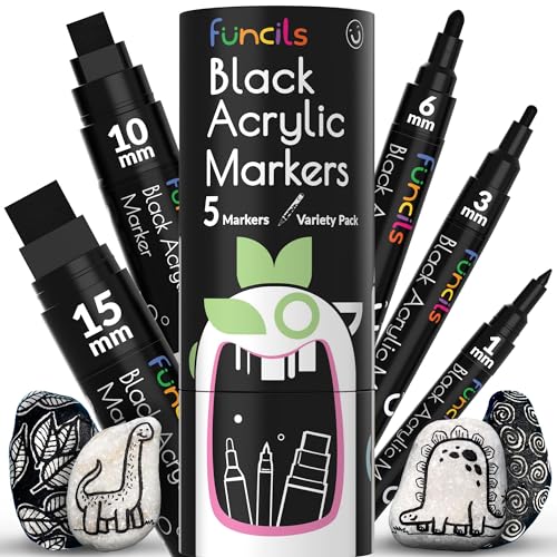 Funcils 5 Acrylstifte für Steine, Glas, Holz, Leinwand - Schwarz Acryl Marker 1mm, 3mm, 6mm, 10mm, 15mm Spitze. Die Acryl Stifte sind ideal für Erwachsene und auch Kinder. von Funcils