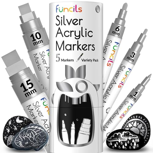 Funcils 5 Acrylstifte für Steine, Glas, Holz, Leinwand - Silber Acryl Marker 1mm, 3mm, 6mm, 10mm, 15mm Spitze. Die Acryl Stifte sind ideal für Erwachsene und auch Kinder. von Funcils