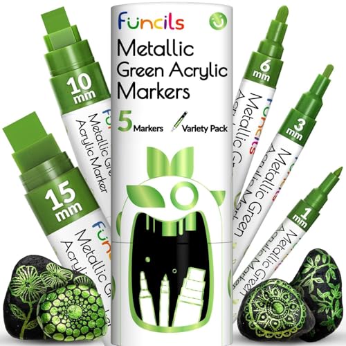 Funcils 5 Metallisch Acrylstifte für Steine, Glas, Holz, Leinwand - Grün Acryl Marker 1mm, 3mm, 6mm, 10mm, 15mm Spitze. Die Grünstift Acryl Stifte sind ideal für Erwachsene und auch Kinder. Funcils 5 Metallisch Acrylstifte für Steine, Glas, Holz, Leinwand - Grün Acryl Marker 1mm, 3mm, 6mm, 10mm, 15mm Spitze. Die Grünstift Acryl Stifte sind ideal für Erwachsene und auch Kinder. von Funcils