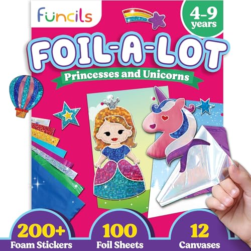 Funcils Folien Spaß Bastelset - Einhorn & Prinzessin Sticker Aktivitäts Kit, DIY Foil Art Kinder, Folienspaß Basteln, Kreatives Foil Craft Spielzeug, Geschenk für Mädchen & Jungen 4-9 Jahre von Funcils