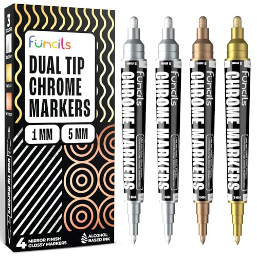 Funcils Liquid Chrome Paint Pen – 4 Dual-Tip Spiegel-Effekt Metallic-Marker mit 2x Silber, 1x Kupfer, 1x Gold | Reflektierender Marker für Metall, Kunststoff, Glas, Kunstharz, DIY-Bastelarbeiten Funcils Liquid Chrome Paint Pen – 4 Dual-Tip Spiegel-Effekt Metallic-Marker mit 2x Silber, 1x Kupfer, 1x Gold | Reflektierender Marker für Metall, Kunststoff, Glas, Kunstharz, DIY-Bastelarbeiten von Funcils