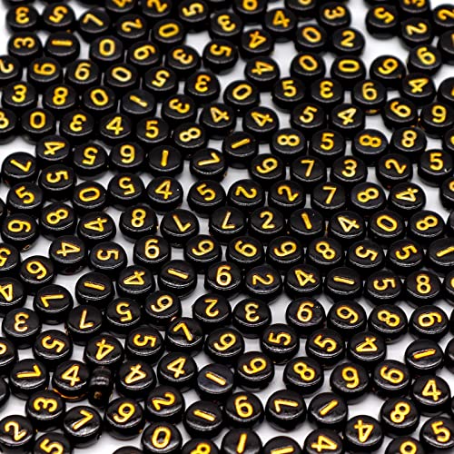 500 Stück schwarze Acryl-Gold-Zahlenperlen, 4 x 7 mm, gemischte Zahlenperlen, Acryl, Kunststoff, runde Zahlen, lose Perlen für Armbänder, Halsketten, Schlüsselanhänger (Schwarz/Gold) von Fundiyoug