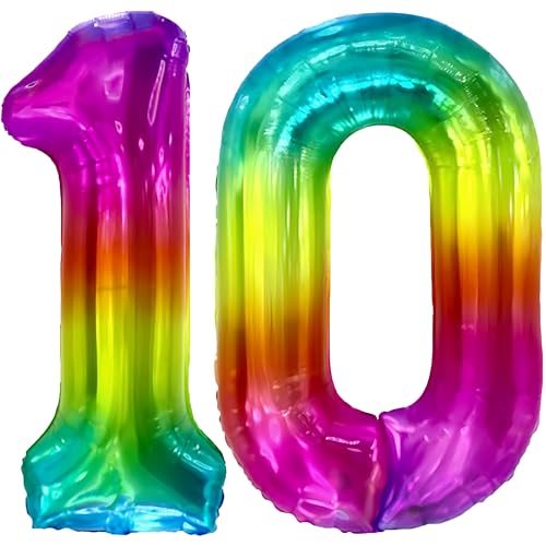 FUNFEST 100 cm Regenbogen-Luftballons zum 10. Geburtstag – Geburtstagsballon-Dekoration – inklusive XL-Ballon zum 10. Geburtstag und Strohhalm – Heliumfliegen von Funfest