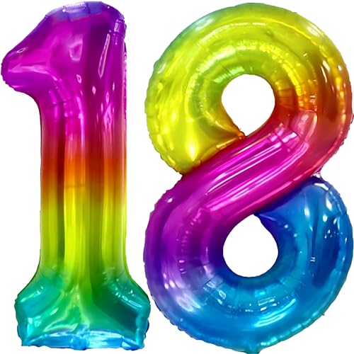 FUNFEST 100 cm Regenbogen-Luftballons zum 18. Geburtstag – Geburtstagsballon-Dekoration – inklusive XL-Ballon zum 18. Geburtstag und Strohhalm – Heliumfliegen von Funfest