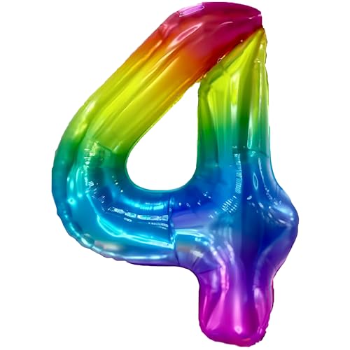FUNFEST 100 cm Regenbogen-Luftballons zum 4. Geburtstag – Geburtstagsballon-Dekoration – inklusive XL-Ballon zum 4. Geburtstag und Strohhalm – Fliegen mit Helium von Funfest