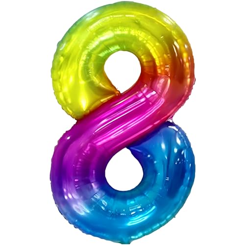 FUNFEST 100 cm Regenbogen-Luftballons zum 8. Geburtstag – Geburtstagsballon-Dekoration – inklusive XL-Ballon zum 8. Geburtstag und Strohhalm – Fliegen mit Helium von Funfest