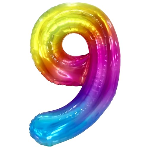 FUNFEST 100 cm Regenbogen-Luftballons zum 9. Geburtstag – Geburtstagsballon-Dekoration – inklusive XL-Ballon zum 9. Geburtstag und Strohhalm – Fliegen mit Helium von Funfest