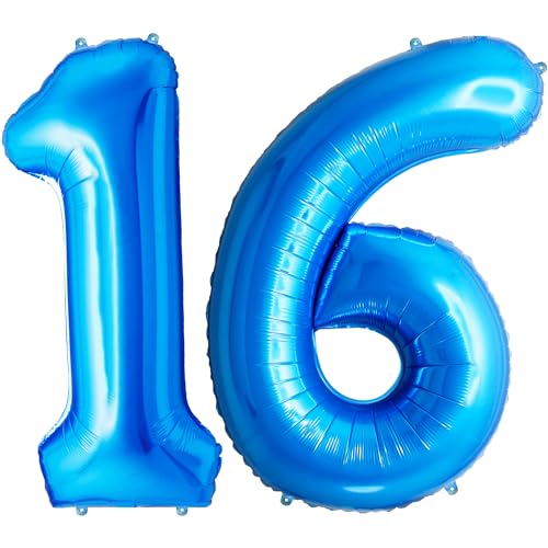 FUNFEST 100 cm blaue Luftballons zum 16. Geburtstag – Geburtstagsballon-Dekoration – inklusive XL-Ballon zum 16. Geburtstag und Strohhalm – Heliumfliegen von Funfest