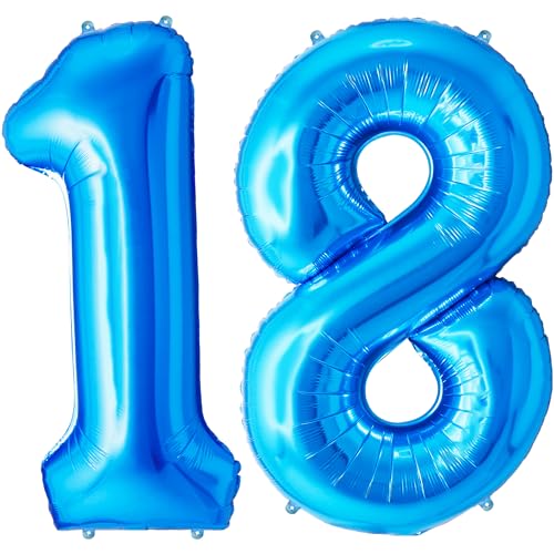 FUNFEST 100 cm blaue Luftballons zum 18. Geburtstag – Geburtstagsballon-Dekoration – inklusive XL-Ballon zum 18. Geburtstag und Strohhalm – Fliegen mit Helium von Funfest