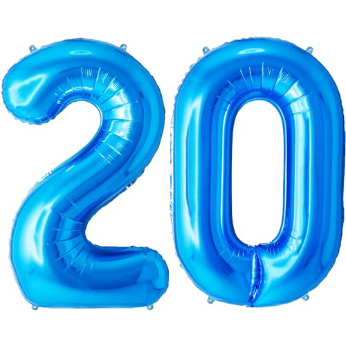 FUNFEST 100 cm blaue Luftballons zum 20. Geburtstag – Geburtstagsballon-Dekoration – inklusive XL-Ballon zum 20. Geburtstag und Strohhalm – Heliumfliegen von Funfest